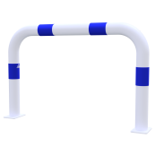 Impact protection bars | as e-charging post protection | to be fixed by plugs, | total width: 1000mm, total height: 650mm | hot-dip galvanized and white powder-coated with 3 blue reflective strips foil type RA1/A